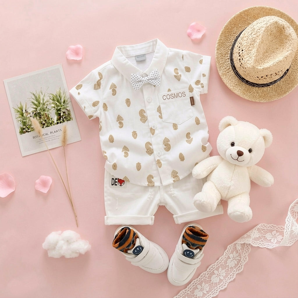 Baby Boys Formal Summer Outfit Set with Bow Tie & Shorts – Available in White, Black & Sky Blue
