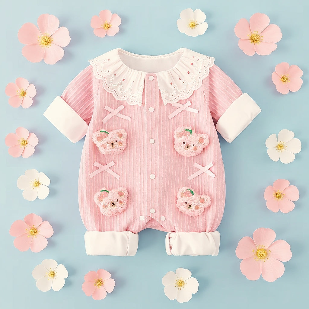 Summer Journey Baby Romper – Pink, Light Yellow & Beige Cute Teddy Cotton Outfit