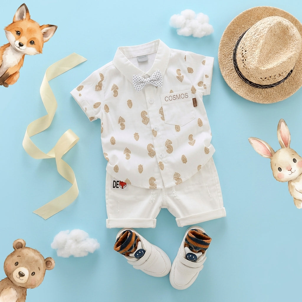 Baby Boys Formal Summer Outfit Set with Bow Tie & Shorts – Available in White, Black & Sky Blue