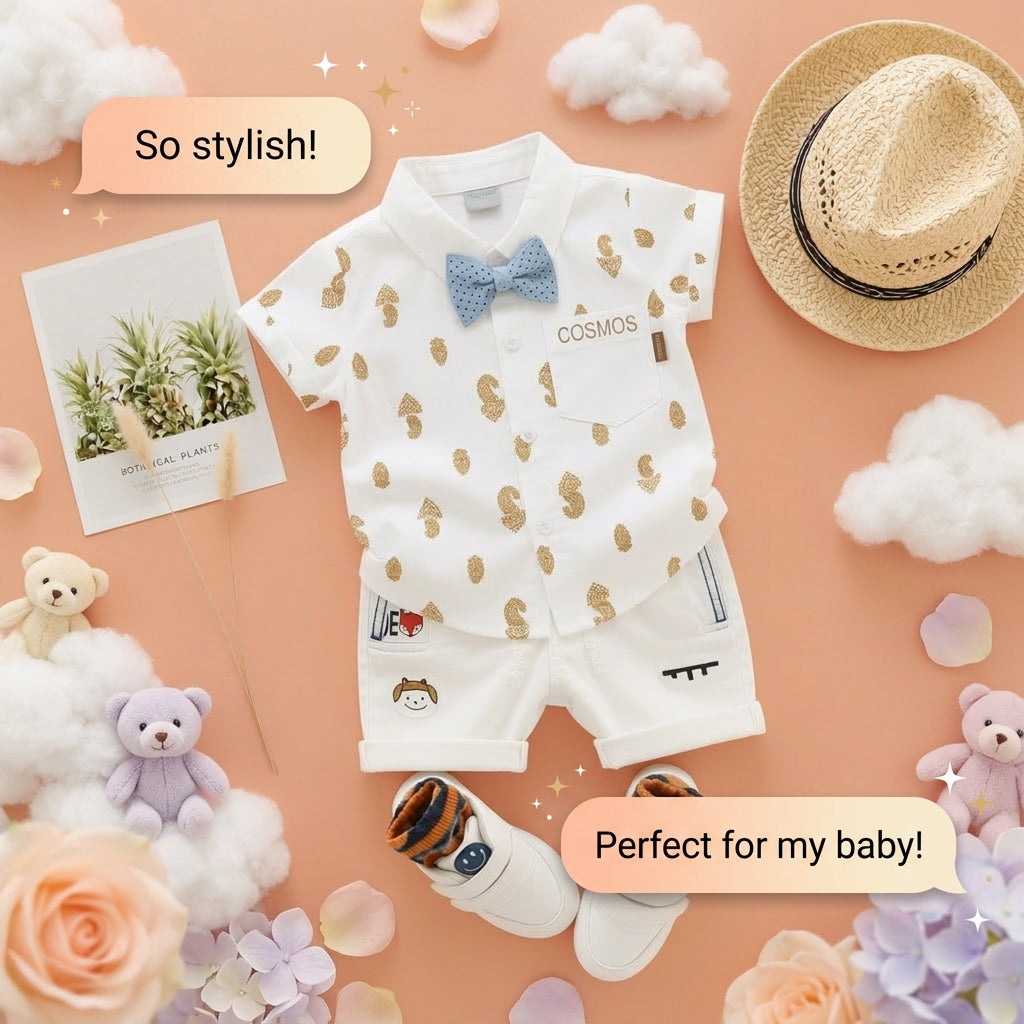 Baby Boys Formal Summer Outfit Set with Bow Tie & Shorts – Available in White, Black & Sky Blue