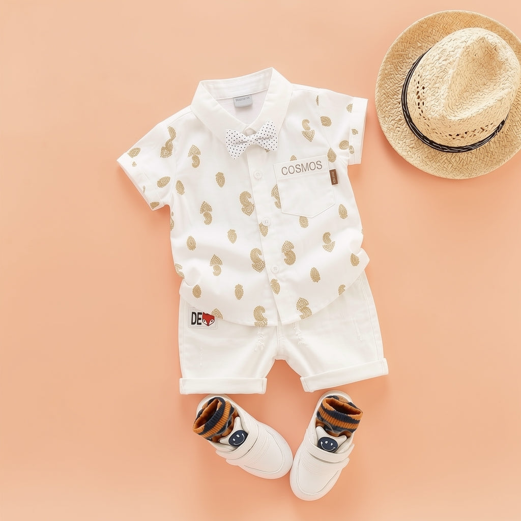 Baby Boys Formal Summer Outfit Set with Bow Tie & Shorts – Available in White, Black & Sky Blue