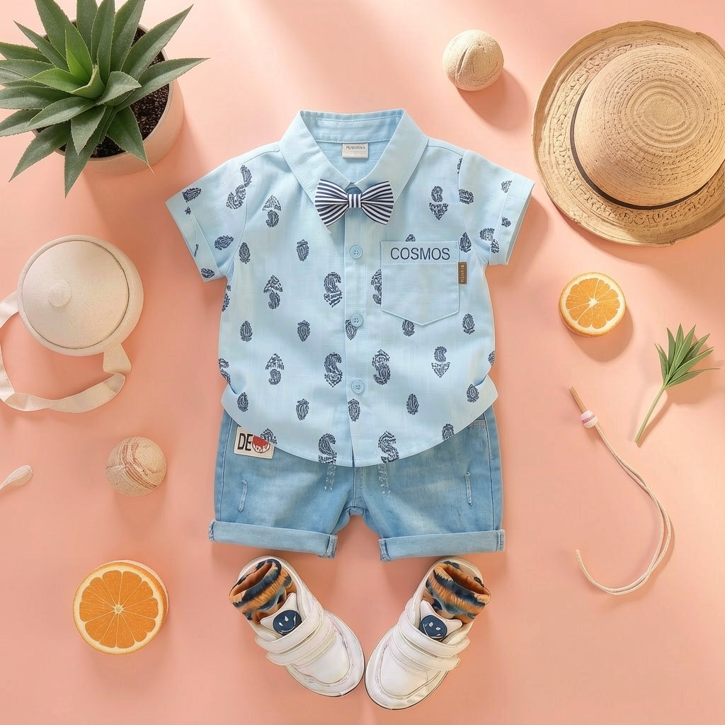 Baby Boys Formal Summer Outfit Set with Bow Tie & Shorts – Available in White, Black & Sky Blue