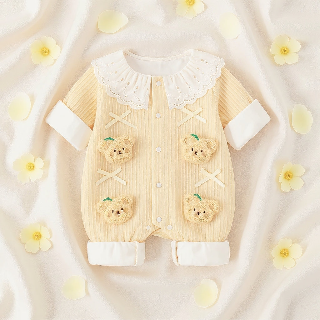 Summer Journey Baby Romper – Pink, Light Yellow & Beige Cute Teddy Cotton Outfit