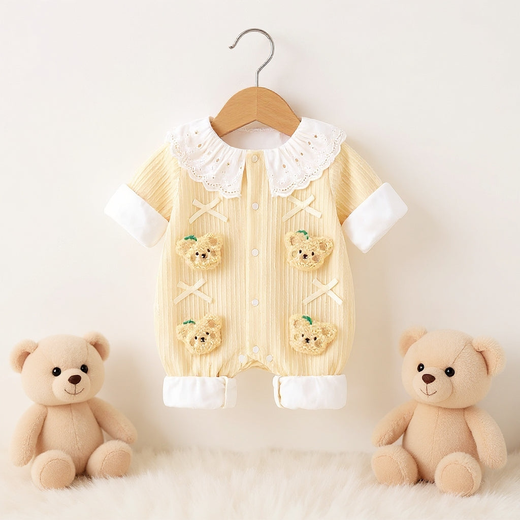 Summer Journey Baby Romper – Pink, Light Yellow & Beige Cute Teddy Cotton Outfit