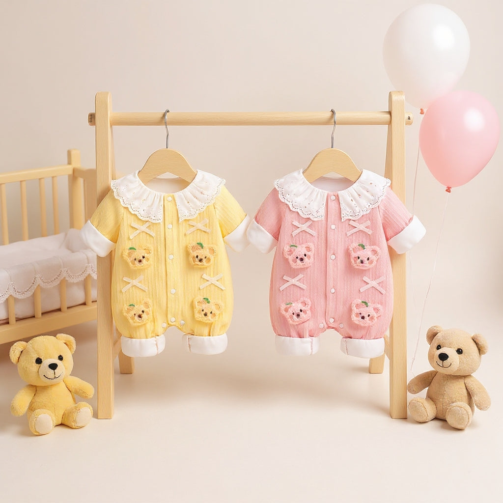 Summer Journey Baby Romper – Pink, Light Yellow & Beige Cute Teddy Cotton Outfit
