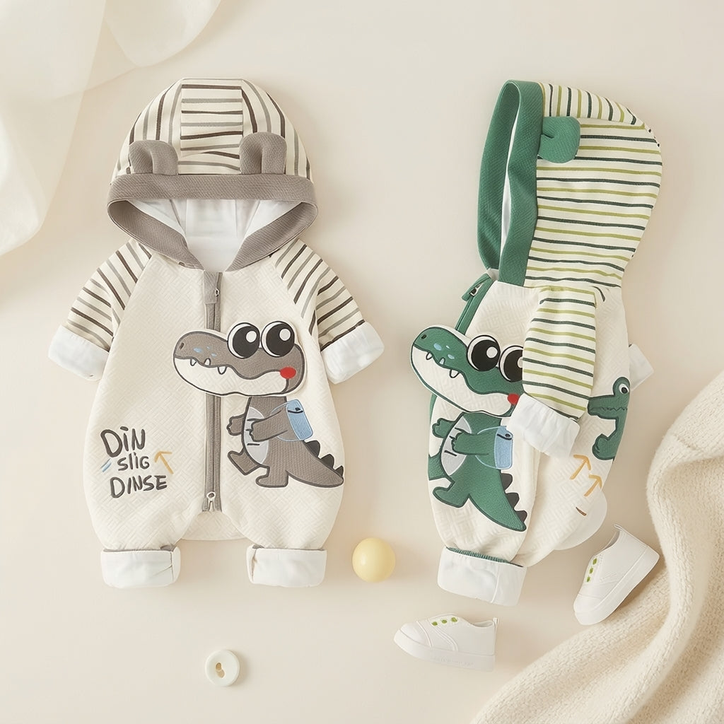 Baby Dino Crocodile Print Hooded Romper – Lightweight Summer Cotton Jumpsuit for Boys & Girls | Available in Green & Grey