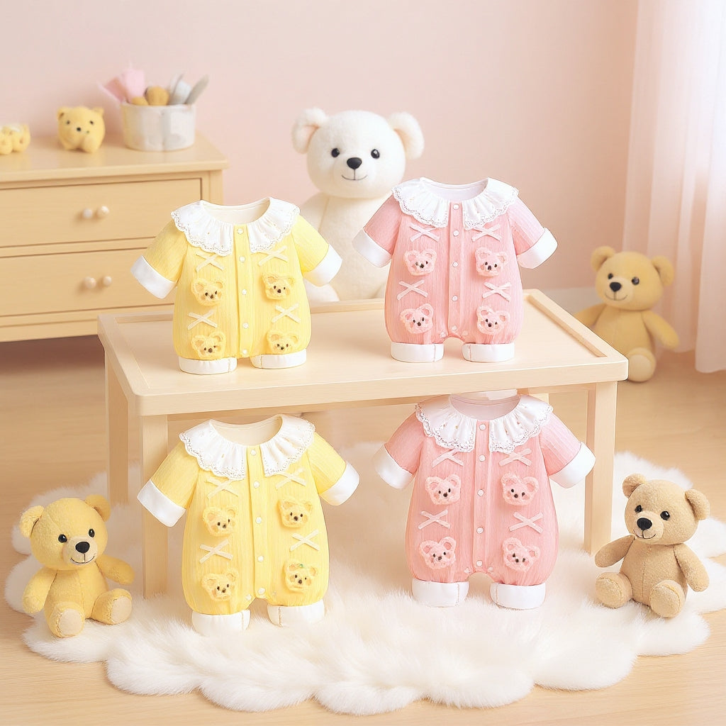 Summer Journey Baby Romper – Pink, Light Yellow & Beige Cute Teddy Cotton Outfit
