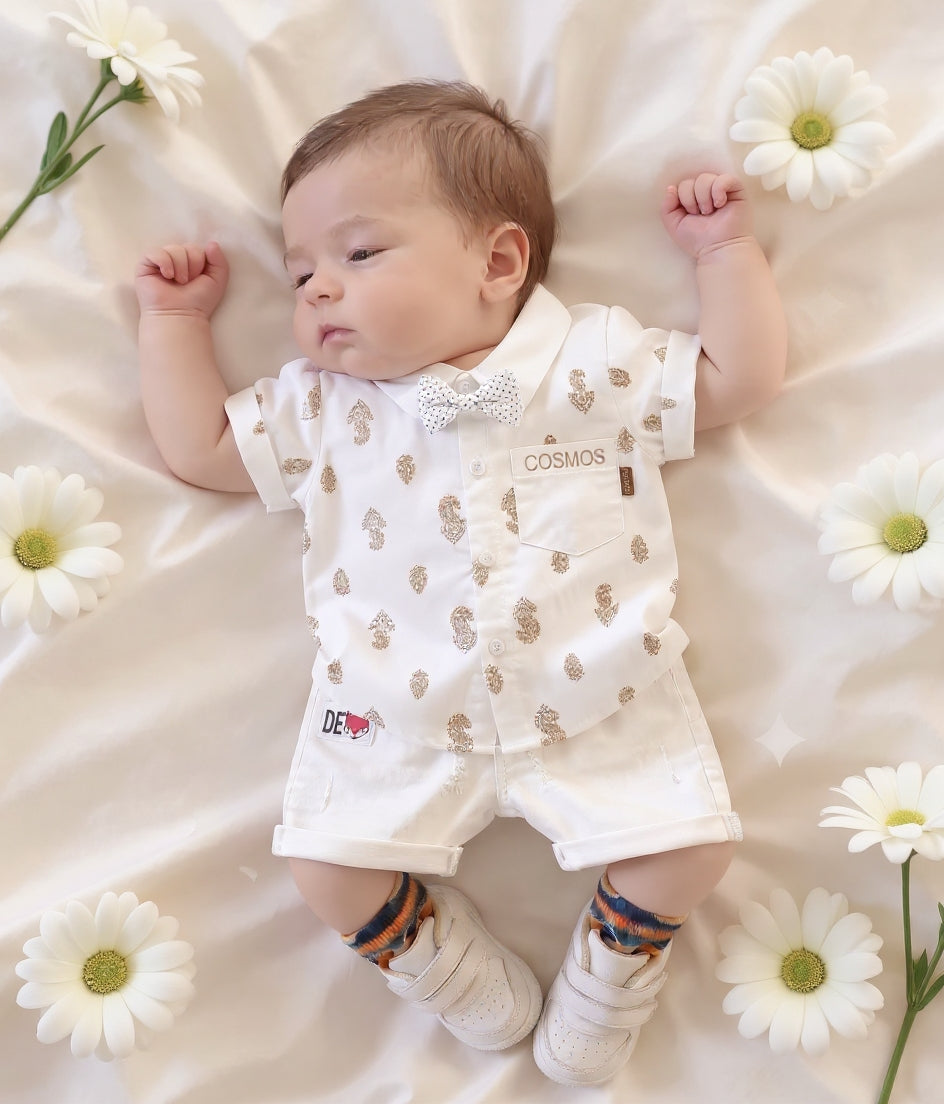 Baby Boys Formal Summer Outfit Set with Bow Tie & Shorts – Available in White, Black & Sky Blue