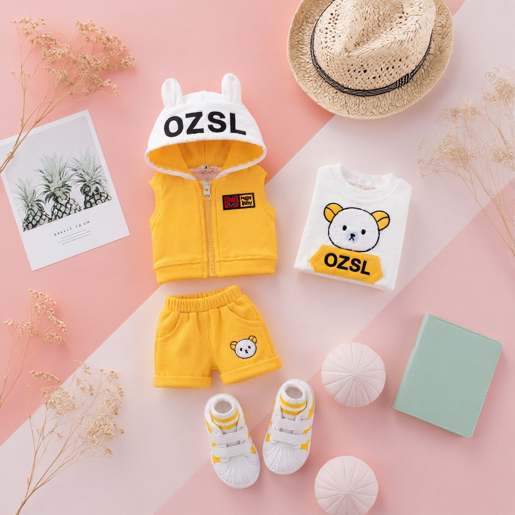 🐻 3PCS Baby Clothing Set – Bunny Ear Hoodie Vest, Cute Bear T-Shirt & Soft Shorts Set for Baby Boys & Girls 💛