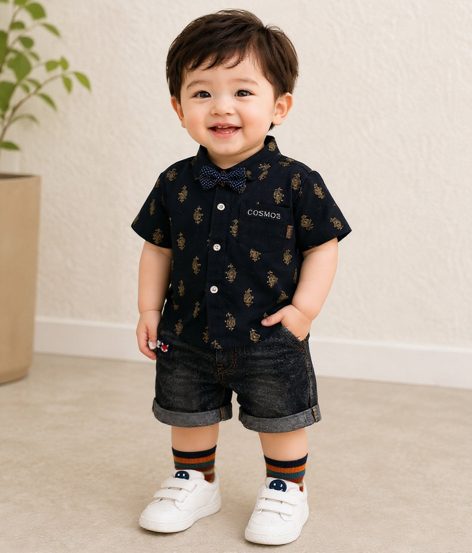 Baby Boys Formal Summer Outfit Set with Bow Tie & Shorts – Available in White, Black & Sky Blue