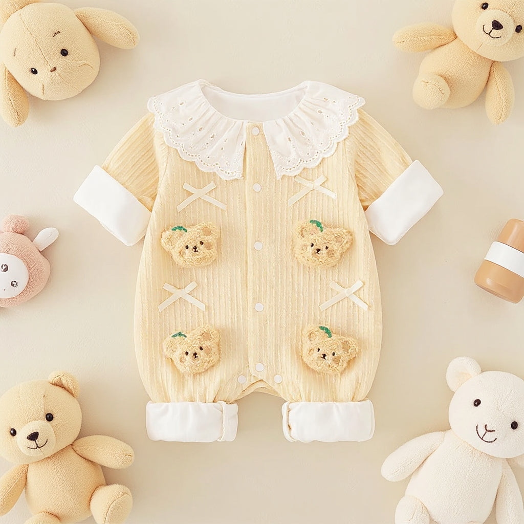 Summer Journey Baby Romper – Pink, Light Yellow & Beige Cute Teddy Cotton Outfit