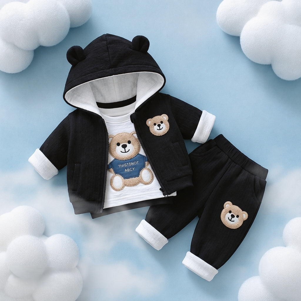 🧸 Cute Bear Hoodie 3-Piece Baby Clothing Set | Soft Cotton Blend Jacket, T-Shirt & Jogger Pant | Premium Kids Outfit | Unisex | All Season Wear (0-5 Years)