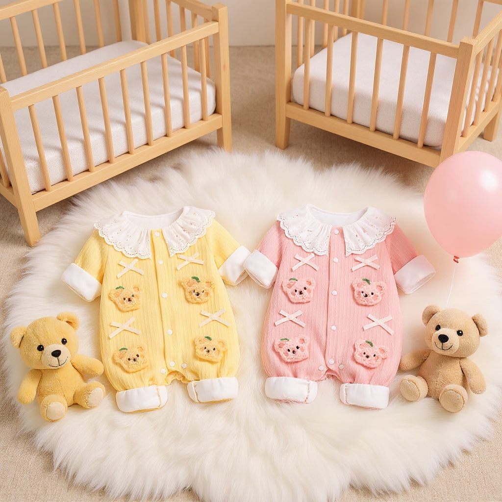 Summer Journey Baby Romper – Pink, Light Yellow & Beige Cute Teddy Cotton Outfit