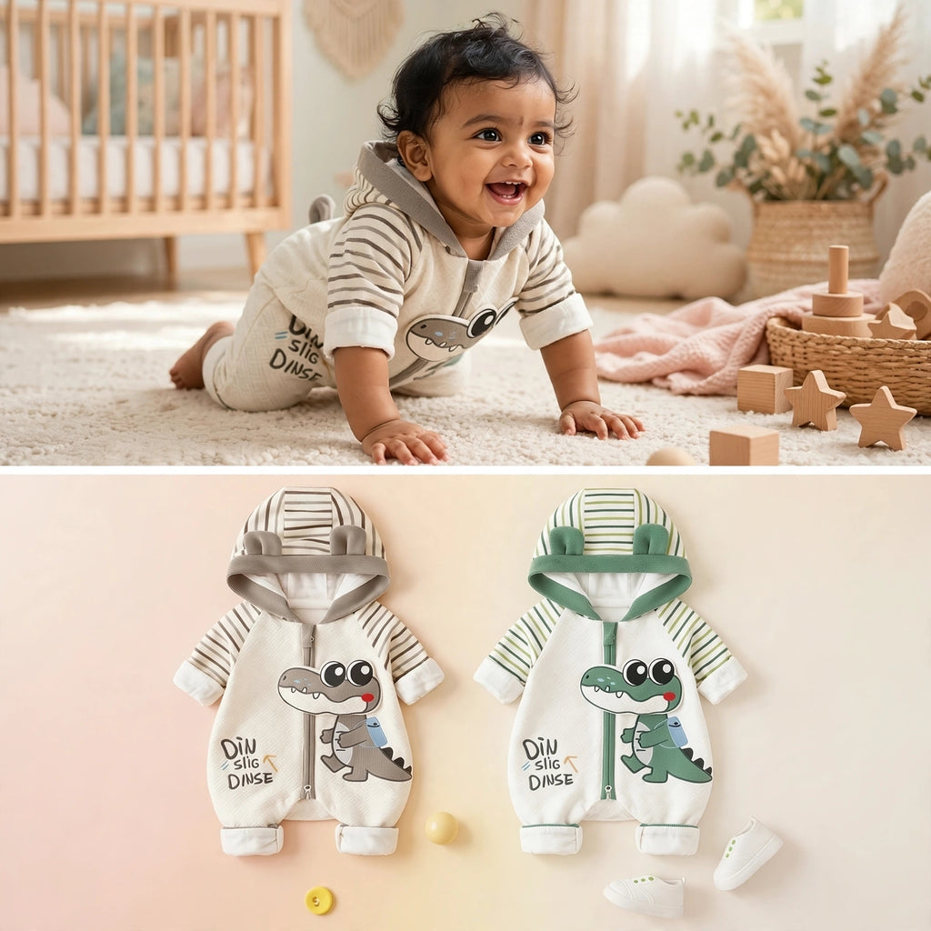 Baby Dino Crocodile Print Hooded Romper – Lightweight Summer Cotton Jumpsuit for Boys & Girls | Available in Green & Grey