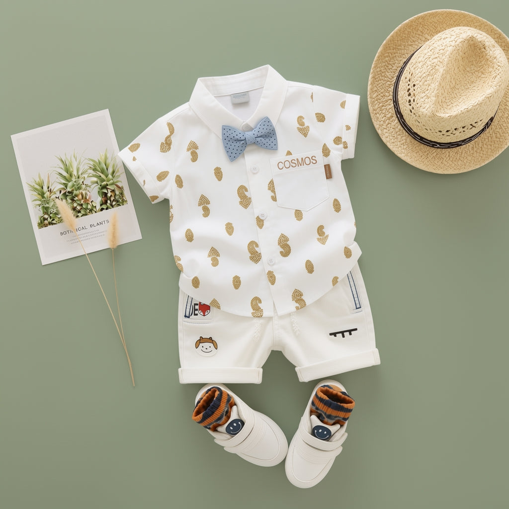 Baby Boys Formal Summer Outfit Set with Bow Tie & Shorts – Available in White, Black & Sky Blue