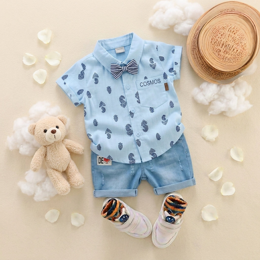 Baby Boys Formal Summer Outfit Set with Bow Tie & Shorts – Available in White, Black & Sky Blue