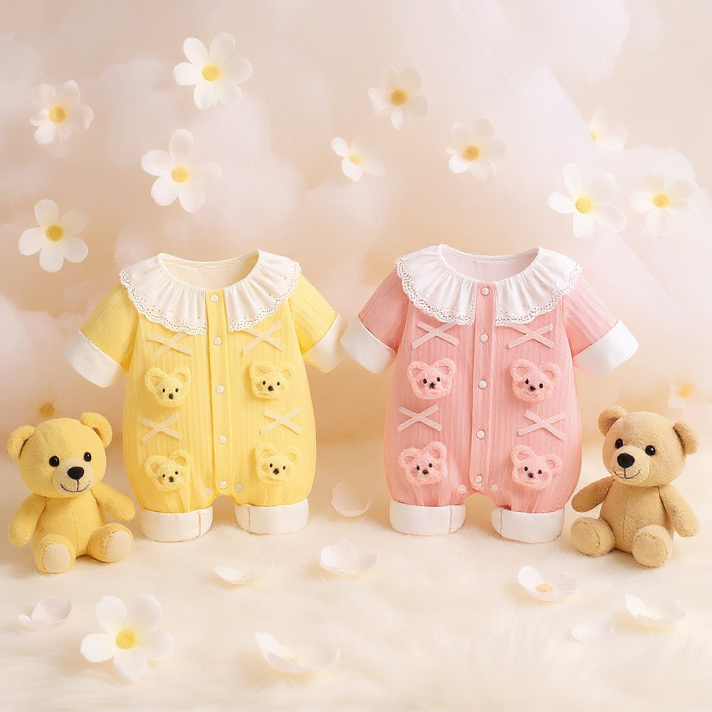 Summer Journey Baby Romper – Pink, Light Yellow & Beige Cute Teddy Cotton Outfit
