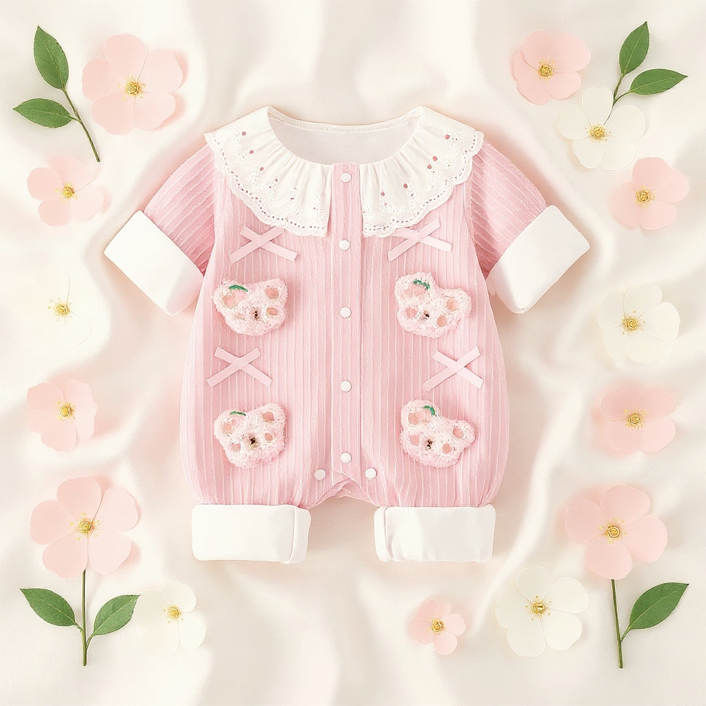 Summer Journey Baby Romper – Pink, Light Yellow & Beige Cute Teddy Cotton Outfit