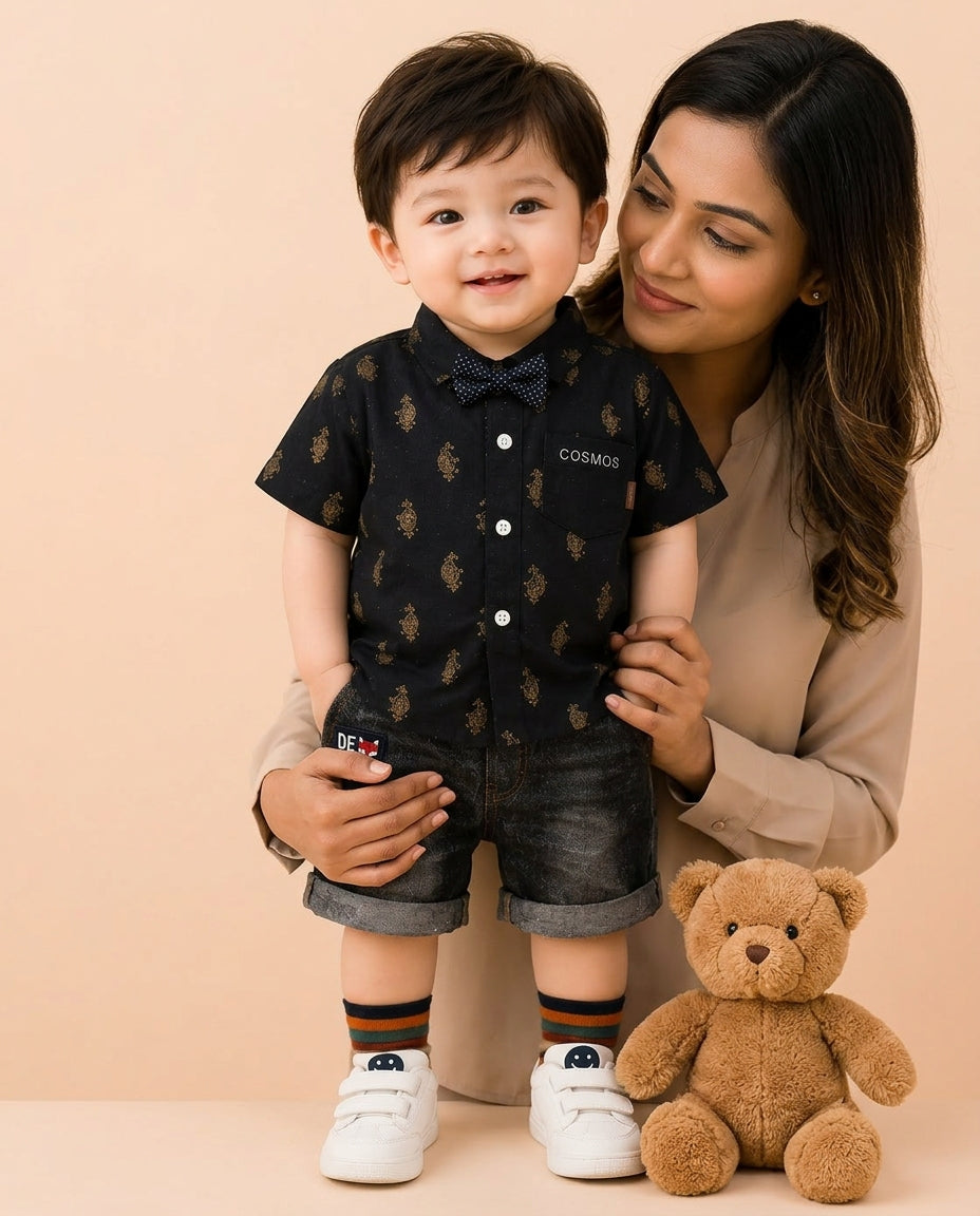 Baby Boys Formal Summer Outfit Set with Bow Tie & Shorts – Available in White, Black & Sky Blue