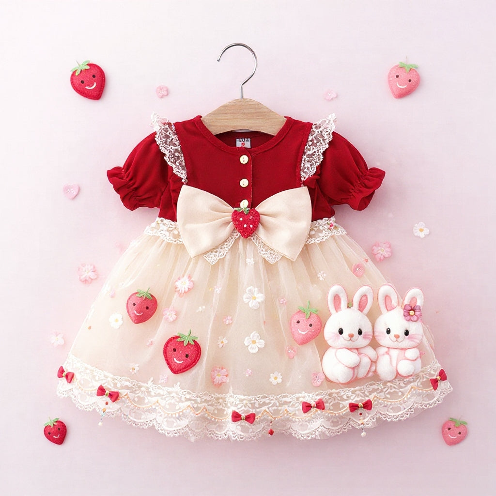 🍓 Cute Bunny Strawberry Baby Girl Party Dress 🎀
