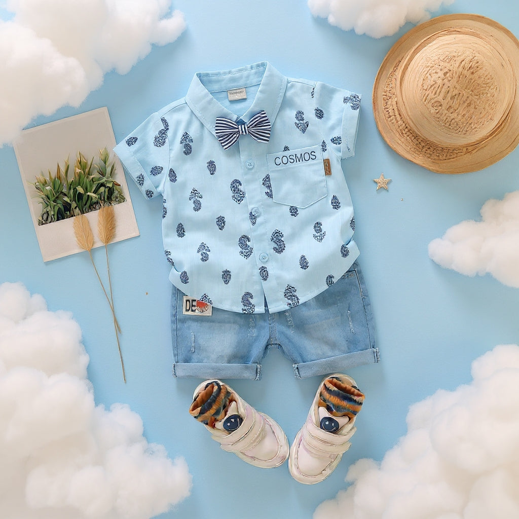 Baby Boys Formal Summer Outfit Set with Bow Tie & Shorts – Available in White, Black & Sky Blue
