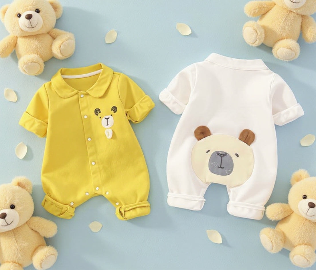 Cute Baby Romper Jumpsuit Set for Boys & Girls | Soft Cotton Half Sleeve Newborn Dress with Bear Design | Comfortable Summer Wear for 0-12 Months Babies