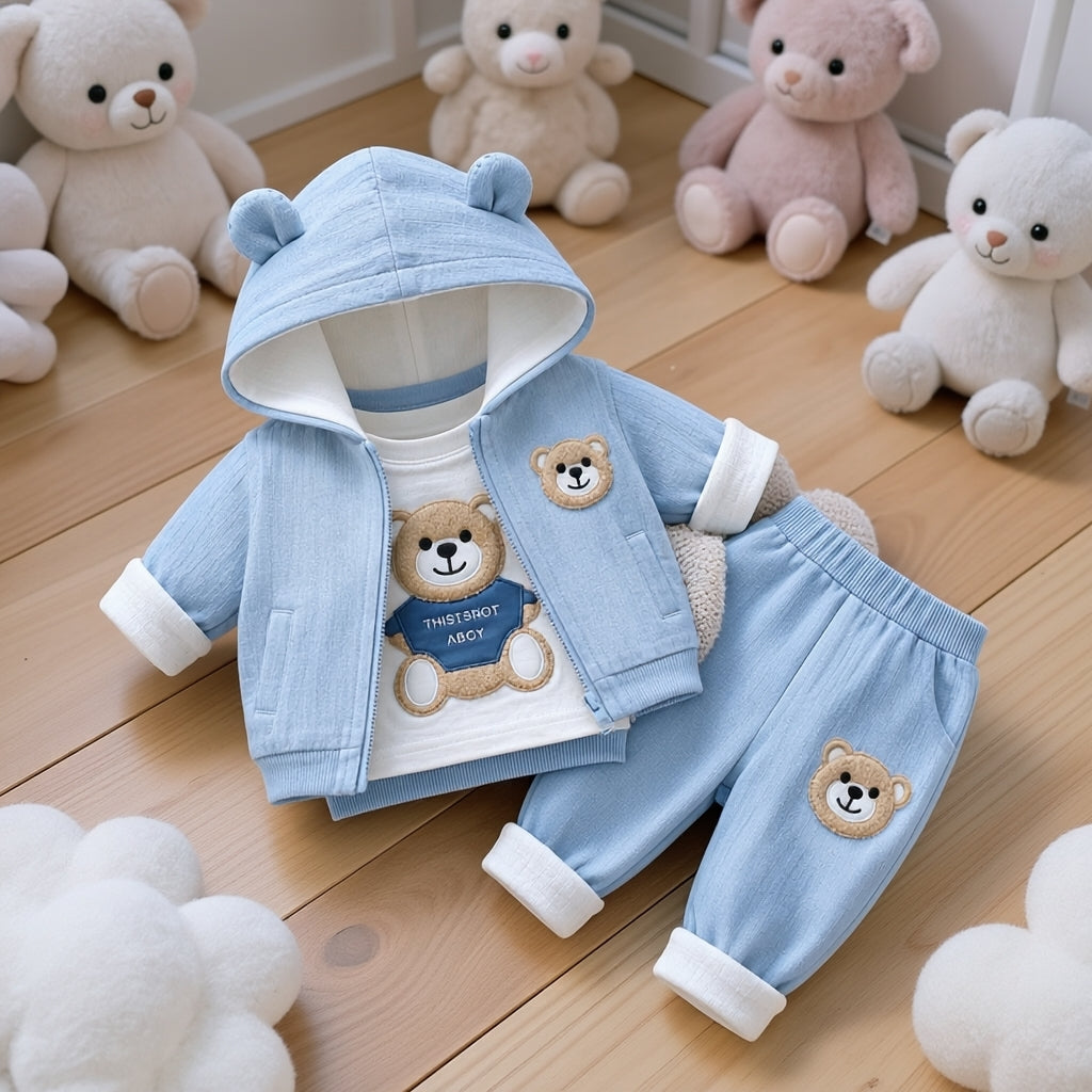 🧸 Cute Bear Hoodie 3-Piece Baby Clothing Set | Soft Cotton Blend Jacket, T-Shirt & Jogger Pant | Premium Kids Outfit | Unisex | All Season Wear (0-5 Years)