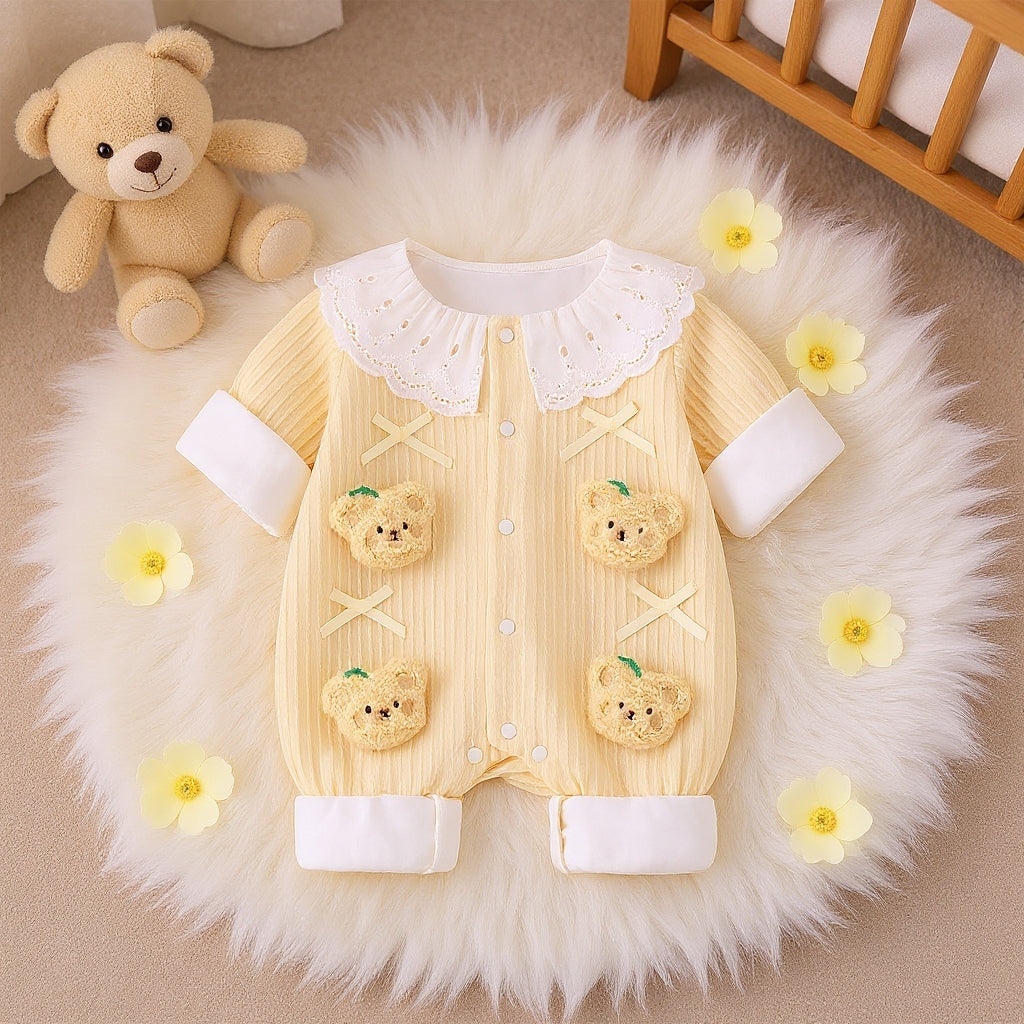 Summer Journey Baby Romper – Pink, Light Yellow & Beige Cute Teddy Cotton Outfit