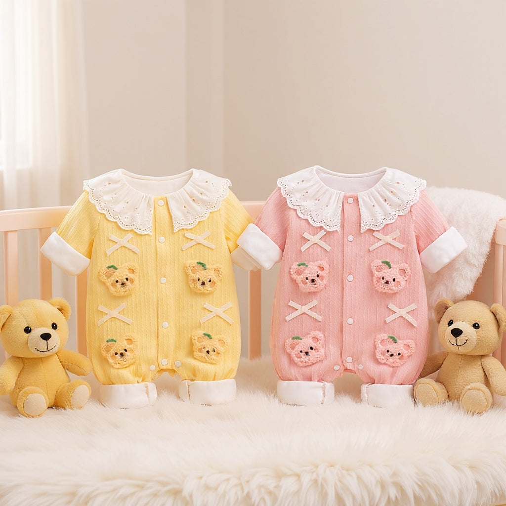 Summer Journey Baby Romper – Pink, Light Yellow & Beige Cute Teddy Cotton Outfit