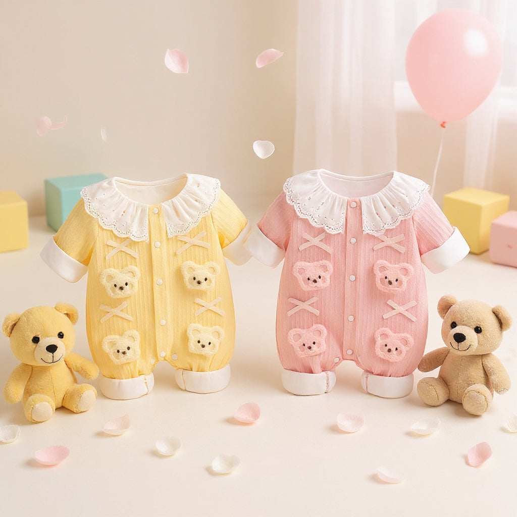 Summer Journey Baby Romper – Pink, Light Yellow & Beige Cute Teddy Cotton Outfit