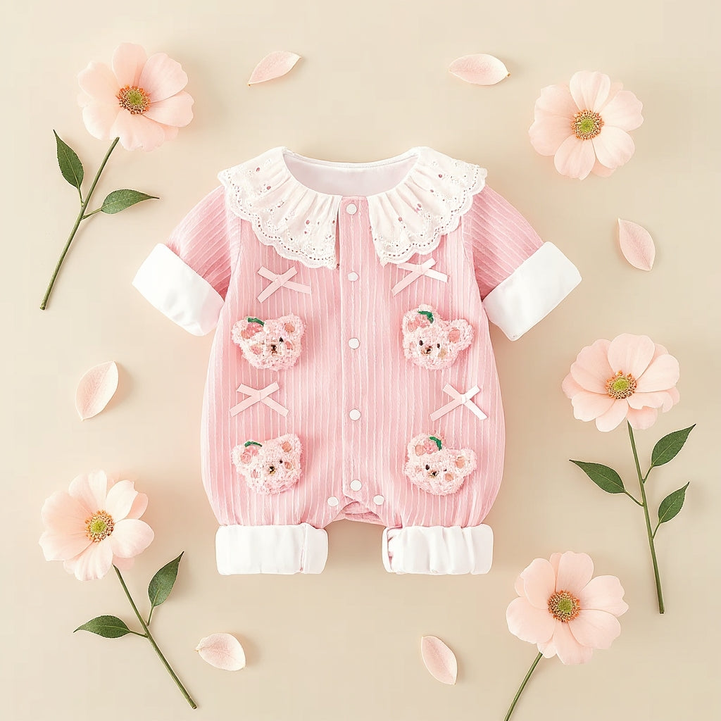 Summer Journey Baby Romper – Pink, Light Yellow & Beige Cute Teddy Cotton Outfit
