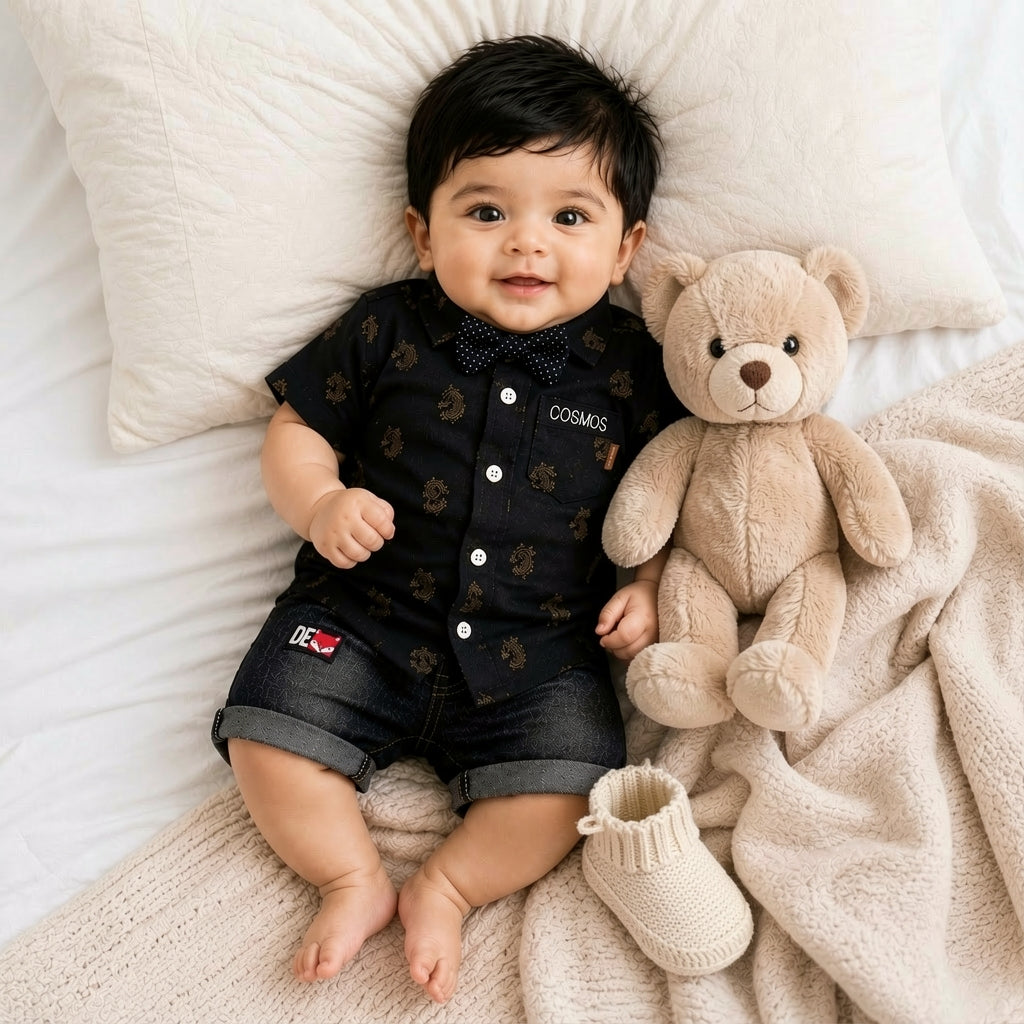 Baby Boys Formal Summer Outfit Set with Bow Tie & Shorts – Available in White, Black & Sky Blue