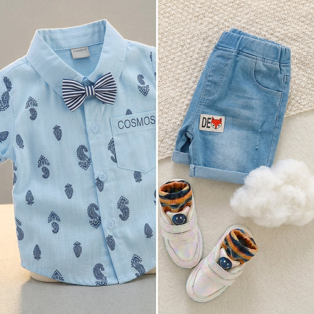 Baby Boys Formal Summer Outfit Set with Bow Tie & Shorts – Available in White, Black & Sky Blue
