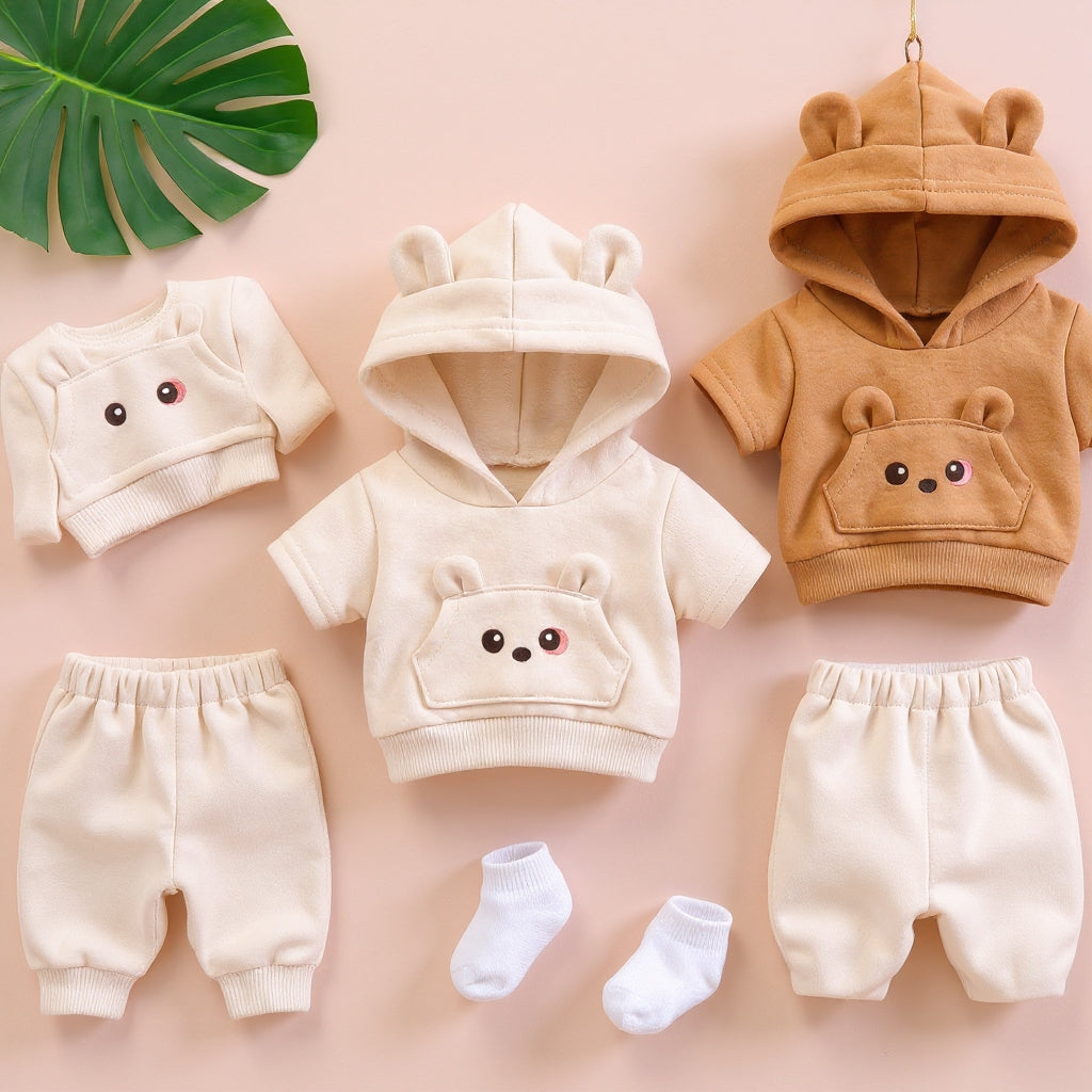 Adorable Bear-Ear Hoodie & Shorts Co-ord Set for Babies – Soft Cotton, Cute Pouch Pocket Design (Cream/Brown)