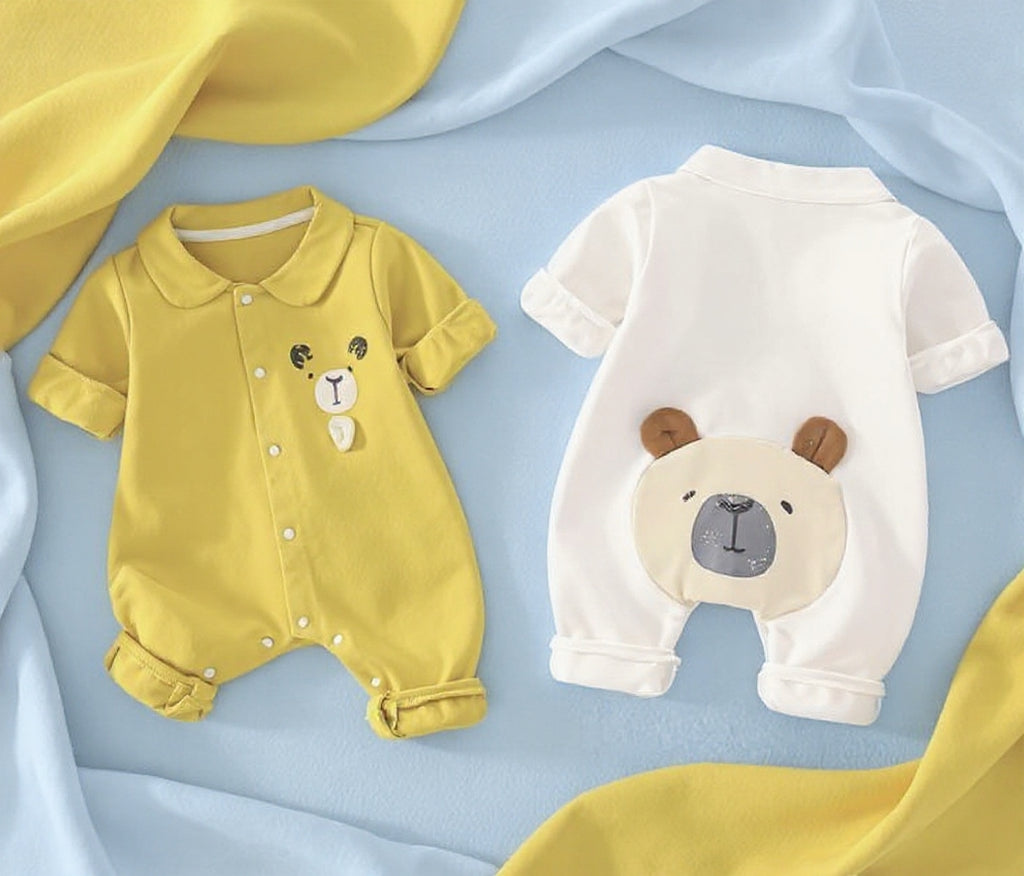 Cute Baby Romper Jumpsuit Set for Boys & Girls | Soft Cotton Half Sleeve Newborn Dress with Bear Design | Comfortable Summer Wear for 0-12 Months Babies