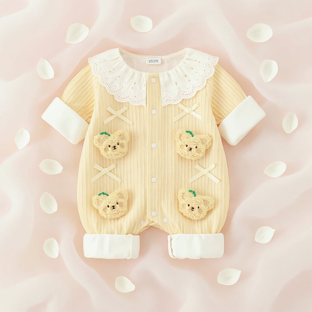 Summer Journey Baby Romper – Pink, Light Yellow & Beige Cute Teddy Cotton Outfit