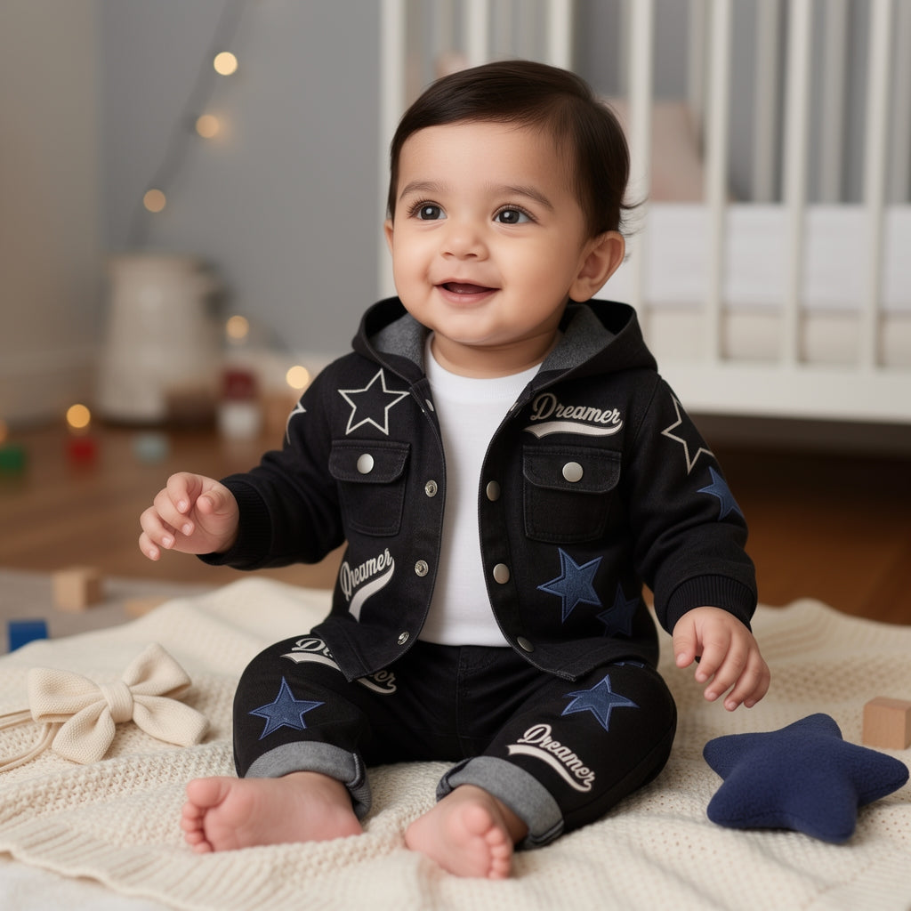 Dreamer Star Denim Jacket & Pants Set for Baby Boys 🌟 Premium 3-Piece Co-ord Set | 4 Colors Available