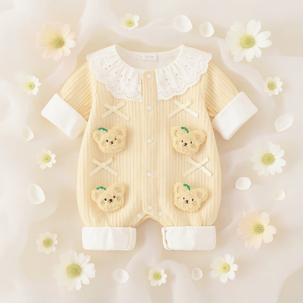 Summer Journey Baby Romper – Pink, Light Yellow & Beige Cute Teddy Cotton Outfit