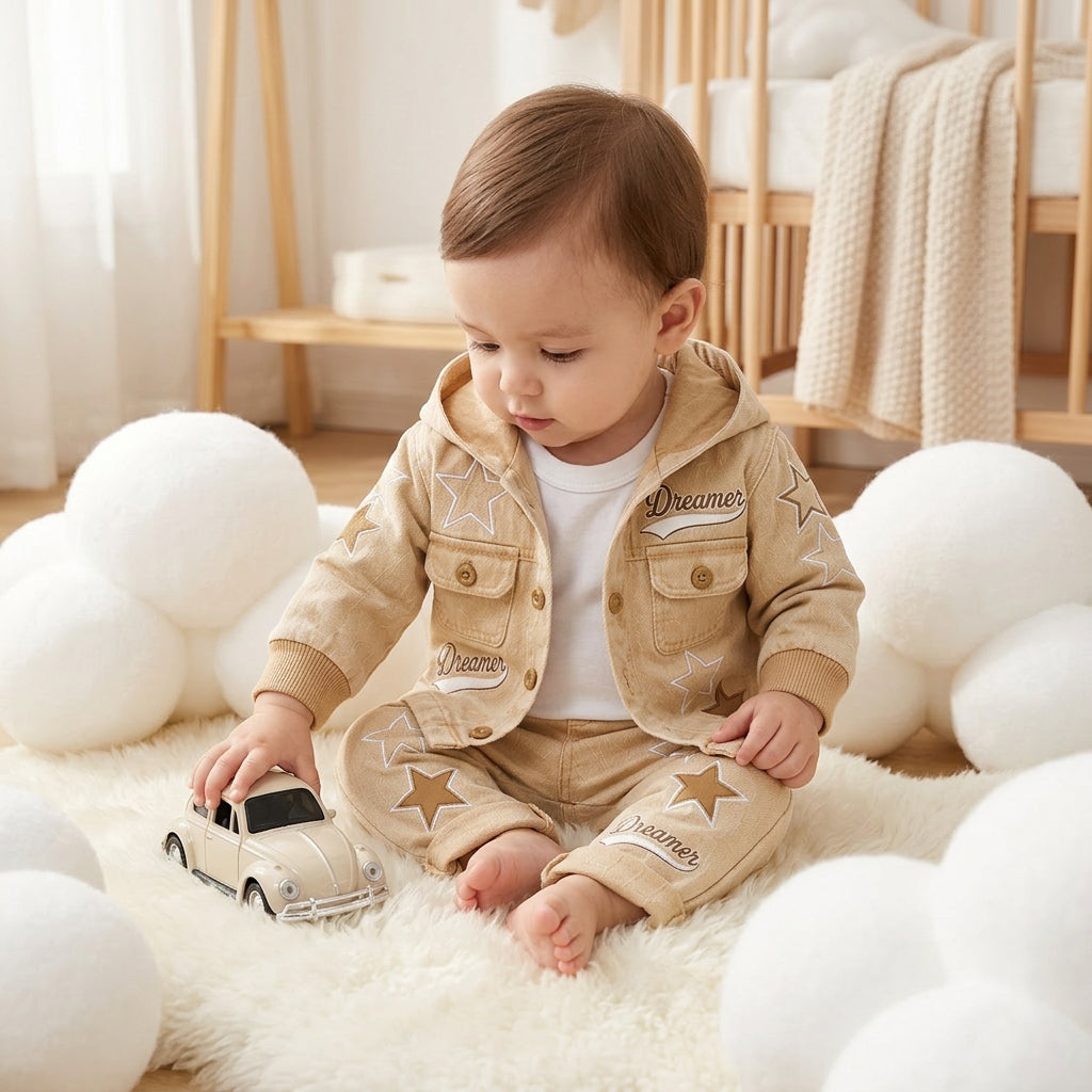 Dreamer Star Denim Jacket & Pants Set for Baby Boys 🌟 Premium 3-Piece Co-ord Set | 4 Colors Available