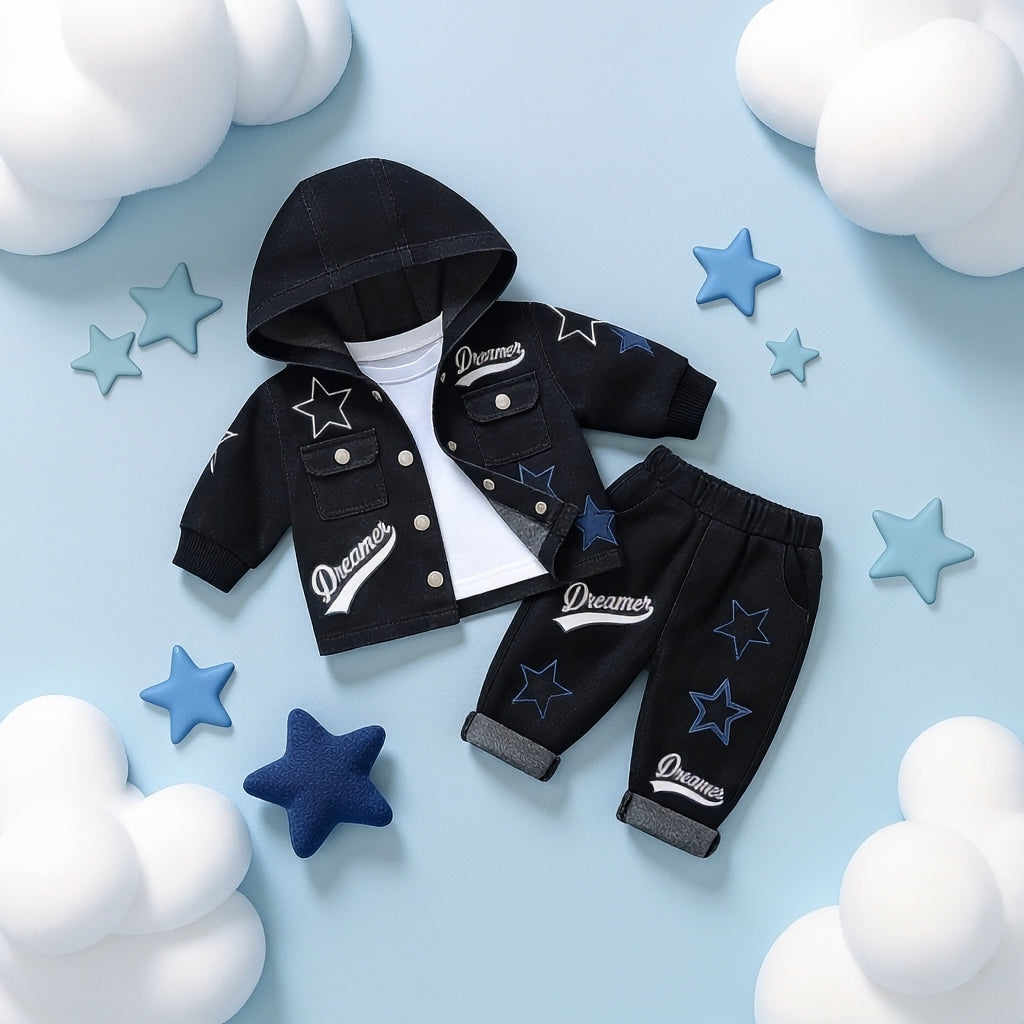Dreamer Star Denim Jacket & Pants Set for Baby Boys 🌟 Premium 3-Piece Co-ord Set | 4 Colors Available