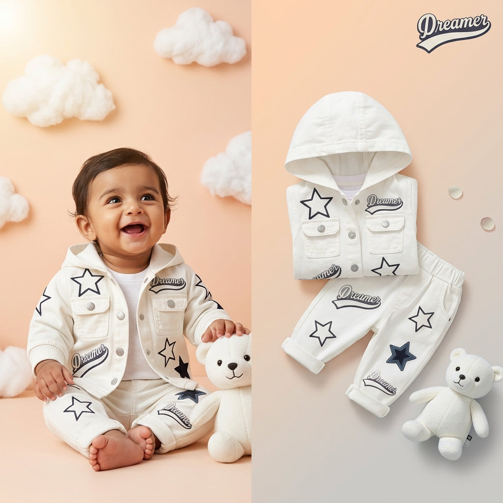 Dreamer Star Denim Jacket & Pants Set for Baby Boys 🌟 Premium 3-Piece Co-ord Set | 4 Colors Available