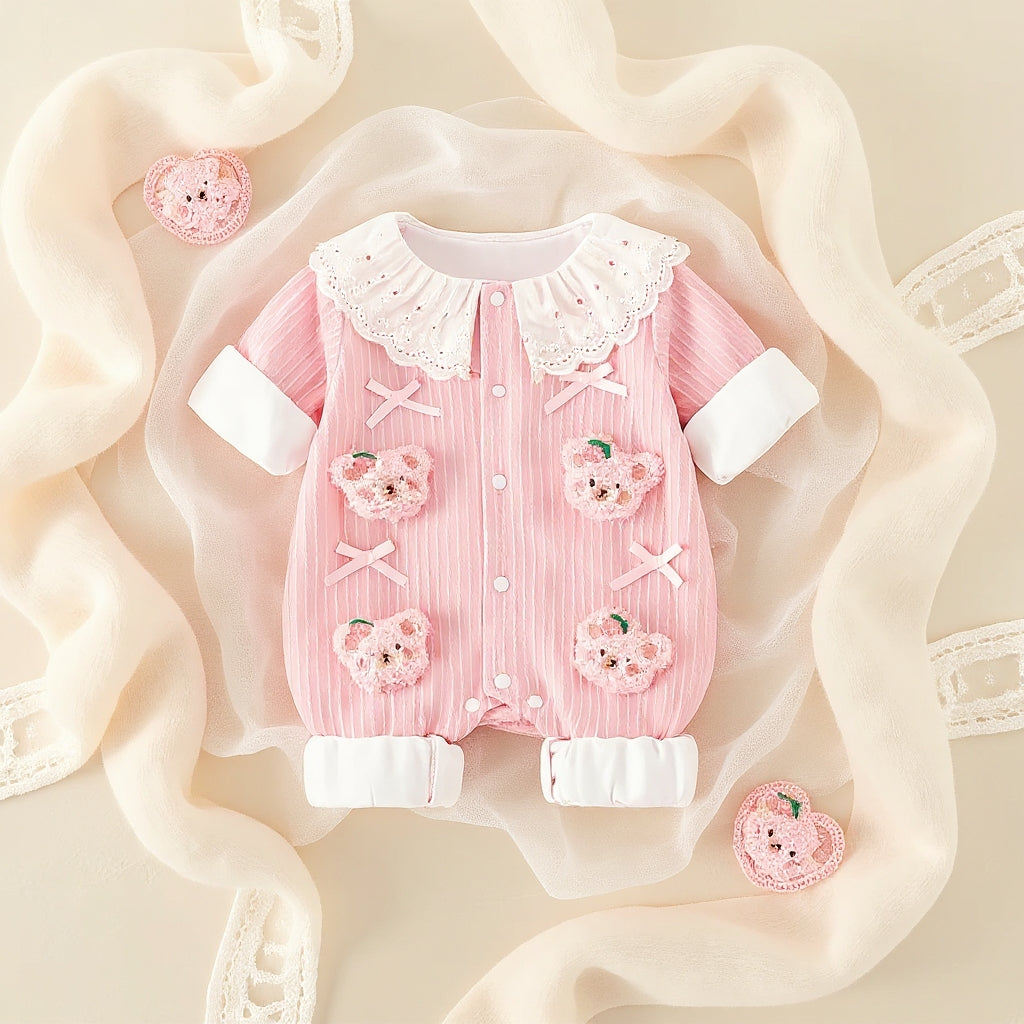Summer Journey Baby Romper – Pink, Light Yellow & Beige Cute Teddy Cotton Outfit
