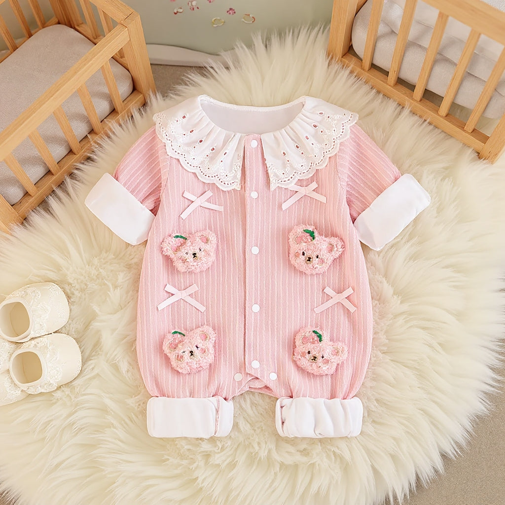 Summer Journey Baby Romper – Pink, Light Yellow & Beige Cute Teddy Cotton Outfit