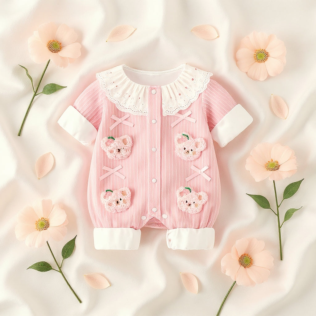 Summer Journey Baby Romper – Pink, Light Yellow & Beige Cute Teddy Cotton Outfit
