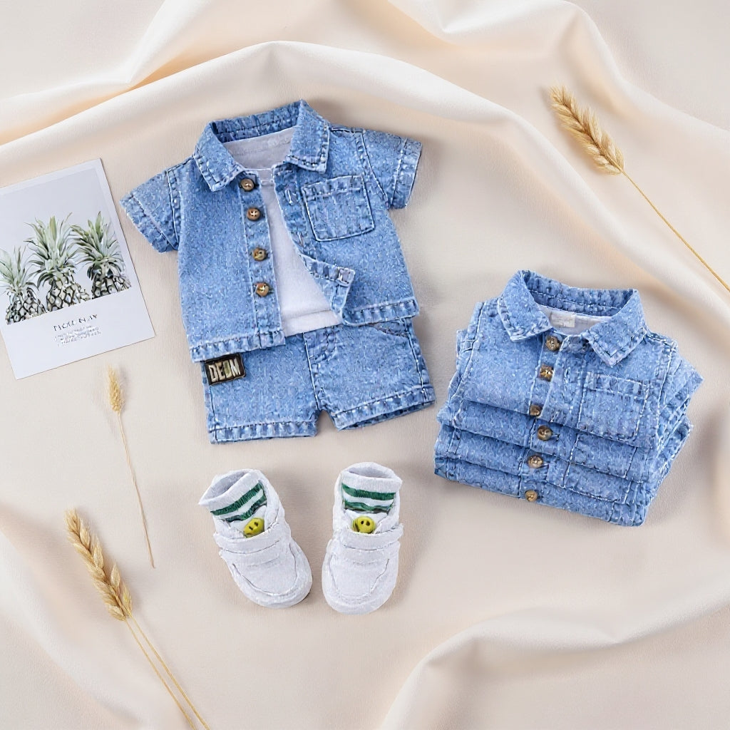 ✨ Cute Baby Denim Outfit Set – Shirt, T-Shirt & Shorts Combo 👶💙