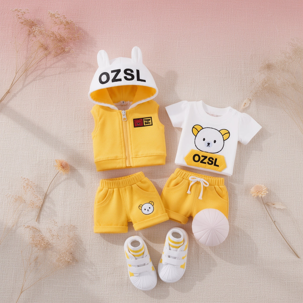 🐻 3PCS Baby Clothing Set – Bunny Ear Hoodie Vest, Cute Bear T-Shirt & Soft Shorts Set for Baby Boys & Girls 💛