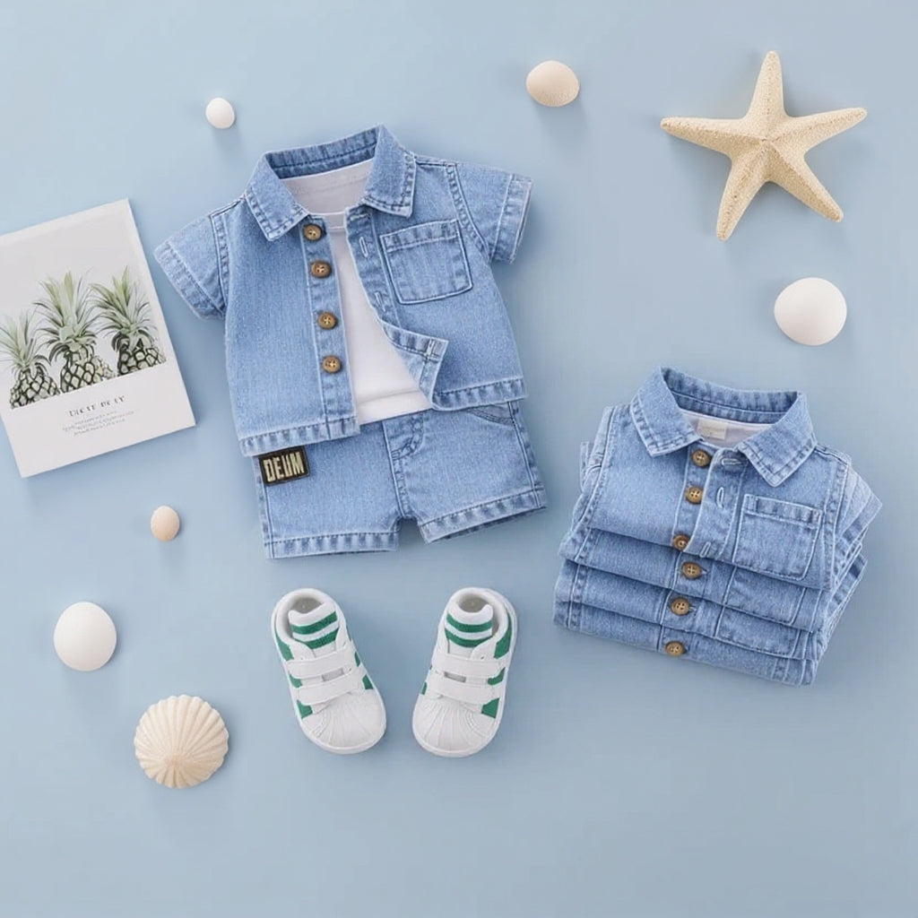 ✨ Cute Baby Denim Outfit Set – Shirt, T-Shirt & Shorts Combo 👶💙