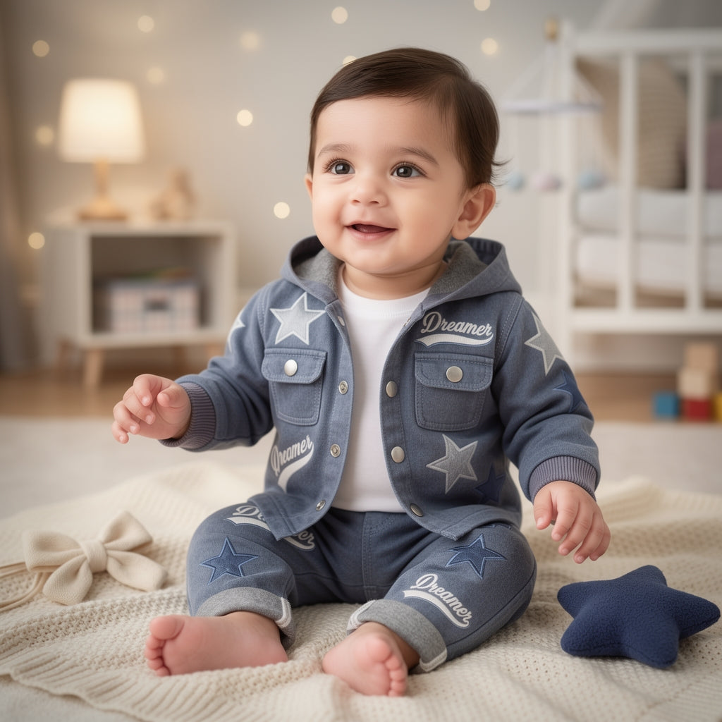 Dreamer Star Denim Jacket & Pants Set for Baby Boys 🌟 Premium 3-Piece Co-ord Set | 4 Colors Available