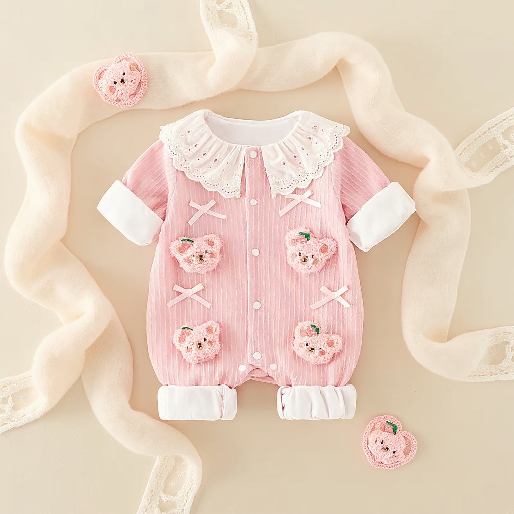 Summer Journey Baby Romper – Pink, Light Yellow & Beige Cute Teddy Cotton Outfit
