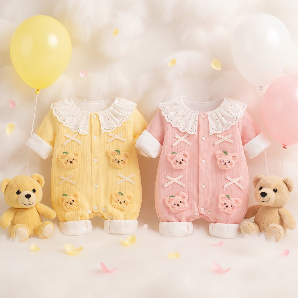 Summer Journey Baby Romper – Pink, Light Yellow & Beige Cute Teddy Cotton Outfit